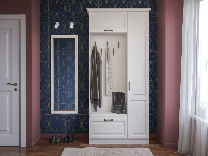 Ливерпуль Прихожая 13.21 + карниз 1000 + Зеркало 03.242 + Пуф 14.02, ясень ваниль/белый