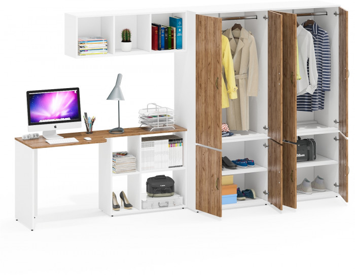 Лидер-8 Стол + Полка + Шкаф МД 19Б + Шкаф МД 19Б, белый шагрень/крафт золото