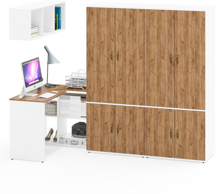 Лидер-8 Стол + Полка + Шкаф МД 19Б + Шкаф МД 19Б, белый шагрень/крафт золото