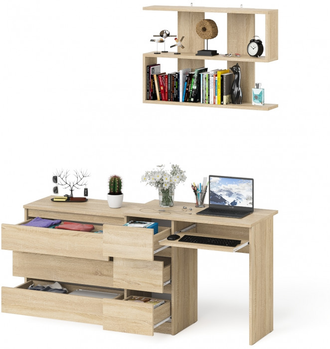 Мори компьютерный стол МС-6 левый + Комод МК800.1 + Полка 900, дуб сонома