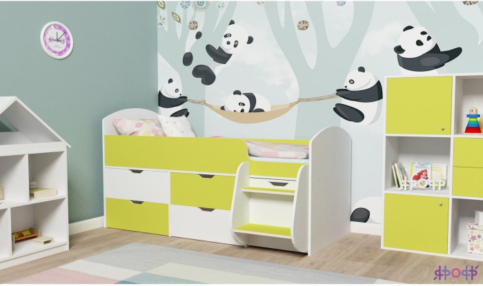 Кровать-чердак Малыш 7 (Белое дерево/Лайм)