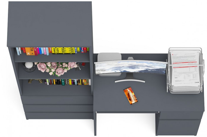 Мори Стол компьютерный МС-1 правый + Стеллаж МСТ600.3, цвет графит, ШхГхВ 150,4х50х179,6 см., выдвижной ящик справа, НЕ универсальная сборка