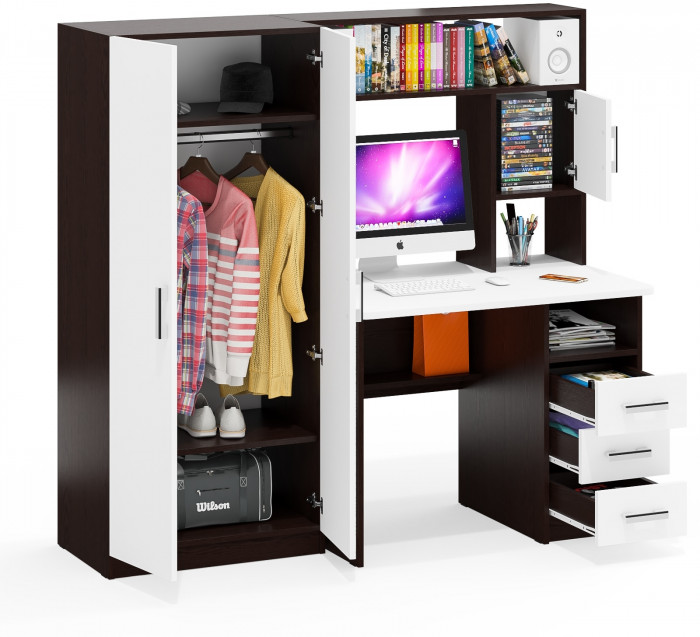 Стол компьютерный С-МД-СК9+Шкаф С-МД-СК9Ш, цвет венге/белый шагрень, ШхГхВ 172х70х160 см., НЕ универсальная сборка