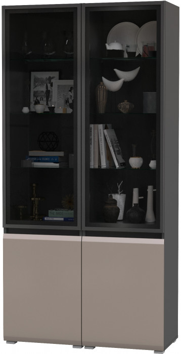 Сидней 13.201 Шкаф-витрина 2 штуки, цвет корпус: антрацит/фасады: МДФ веллюто капучино/прозр. стекло с серой тонир., ШхГхВ 100х41,3х205,2 см., ун. сб.
