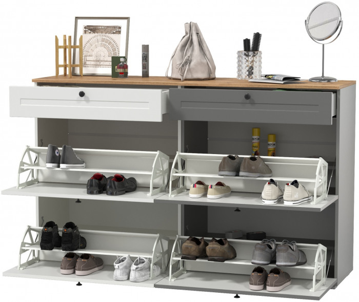 Остин 16.121 Тумба для обуви + 16.121 Тумба для обуви, белый шагрень/серый графит/дуб крафт золотой