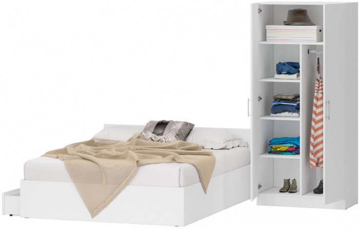 Кровать с ящиками 1600 + Шкаф 2-х створчатый Стандарт, белый