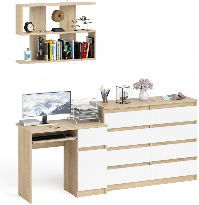 Мори компьютерный стол МС-1 правый + Комод МК1200.8 + Полка 900, дуб сонома/белый