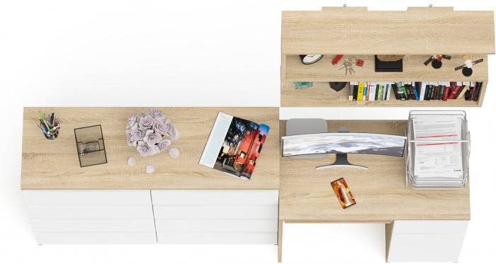 Мори компьютерный стол МС-1 правый + Комод МК1200.8 + Полка 900, дуб сонома/белый