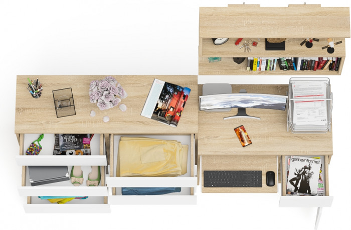 Мори компьютерный стол МС-1 правый + Комод МК1200.8 + Полка 900, дуб сонома/белый