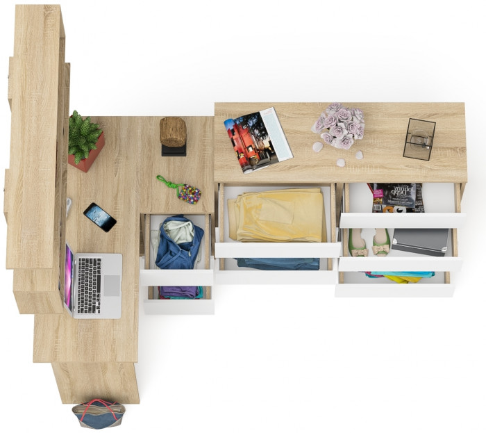 Мори компьютерный стол МС-16 правый + Комод МК1200.8 + Полка 1200, дуб сонома/белый