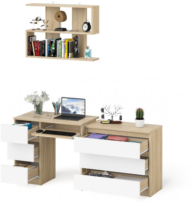 Мори компьютерный стол МС-6 левый + Комод МК800.1 + Полка 900, дуб сонома/белый