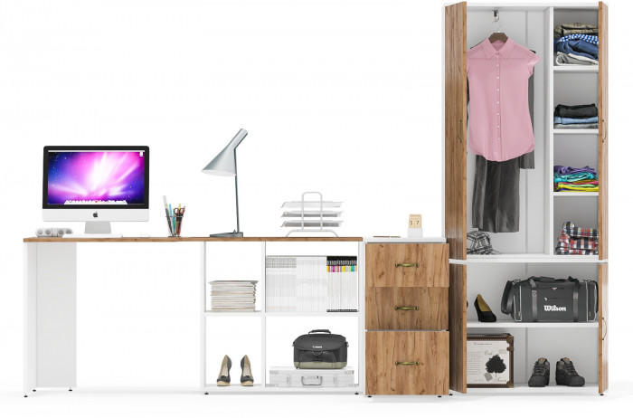 Лидер-8 Стол + Тумба МД 3.16 + Шкаф МД 19Б, цвет белый шагрень/крафт золото, ШхГхВ 285х50/50х75/190 или 115х200/50х75/190 см., НЕ ун. сборка