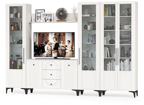 Валенсия Гостиная № 106, цвет ЛДСП белый шагрень/МДФ белый шагрень, ШхГхВ 327,3х38,4х225,2 см., ниша для ТВ 133х38х100 см., универсальная сборка