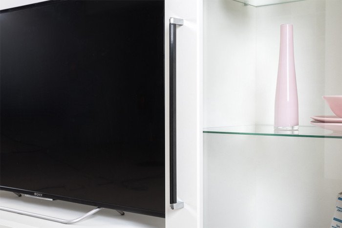 Валенсия Гостиная № 106, цвет ЛДСП белый шагрень/МДФ белый шагрень, ШхГхВ 327,3х38,4х225,2 см., ниша для ТВ 133х38х100 см., универсальная сборка