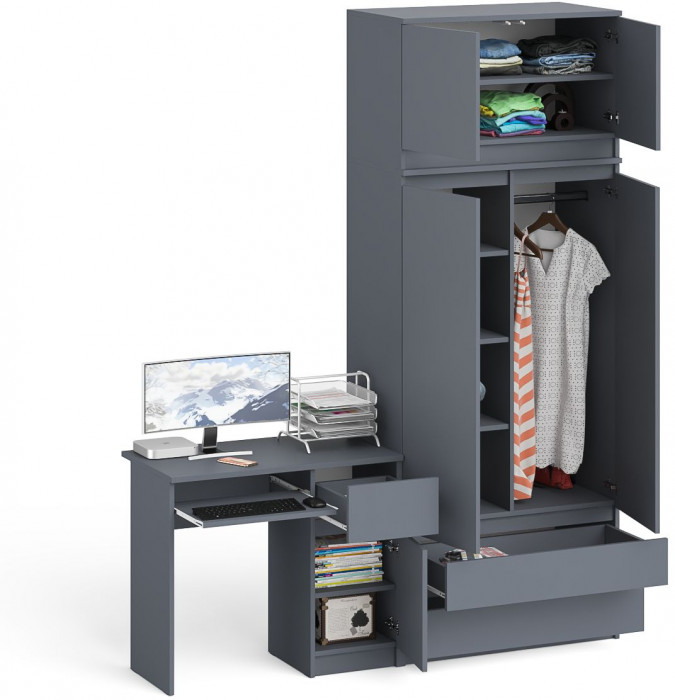 Мори Стол компьютерный МС-1 правый + Шкаф МШ900.1 + Антресоль МА900.1, цвет графит, ШхГхВ 180,4х50,4х234,2 см., выдвижной ящик справа, НЕ универс. сб.