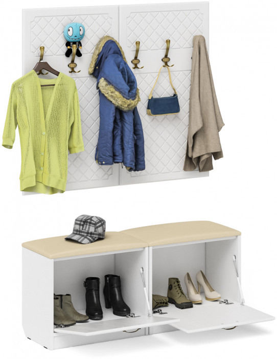 Прихожая П-6 Компоновка № 01, белая шагрень/фасады МДФ белое дерево фрезеровка ромб