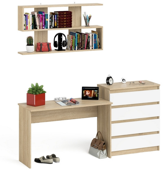 Мори Стол письменный МСП1200.1 + Комод МК800.4 + Полка 1200, цвет дуб сонома/белый, ШхГхВ 200,8х50х209,6 см., универсальная сборка