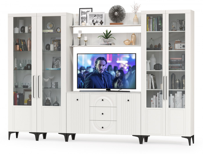 Валенсия Гостиная № 107, цвет ЛДСП белый шагрень/МДФ белый шагрень, ШхГхВ 327,3х38,4х225,2 см., ниша для ТВ 133х38х90 см., универсальная сборка