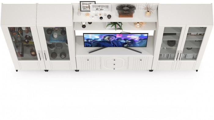 Валенсия Гостиная № 107, цвет ЛДСП белый шагрень/МДФ белый шагрень, ШхГхВ 327,3х38,4х225,2 см., ниша для ТВ 133х38х90 см., универсальная сборка