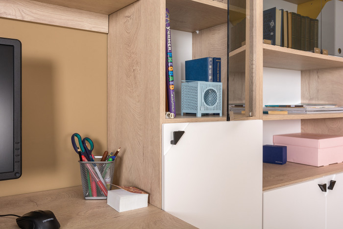 КР100 Бостон № 33, цвет дуб эндгрейн элегантный/фасады МДФ милк рикамо софт, 13.154+12.69+10.51+13.155+13.156, ШхГхВ 269,2х57,2х194,4 см., ун. сборка