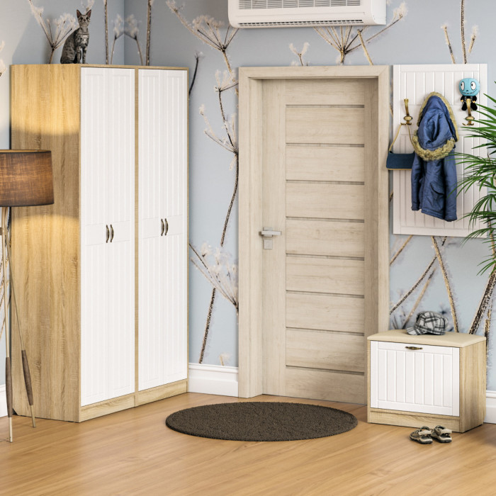 Прихожая П-6 Тумба + Вешалка, дуб сонома/фасады МДФ белое дерево фрезеровка прованс