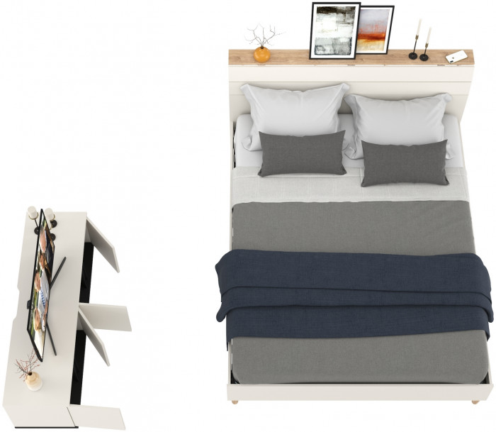 Муссон Кровать 11.41 + ортопед + Тумба под ТВ Квадро 13.276, цвет белый/чёрный/дуб эндгрейн элегантный, сп. м. 1600х2000 мм., б/м