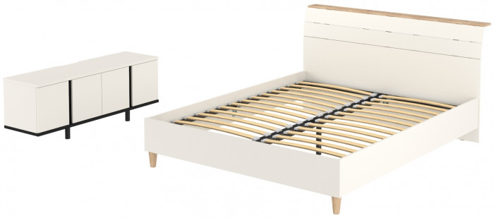 Муссон Кровать 11.41 + ортопед + Тумба под ТВ Квадро 13.276, цвет белый/чёрный/дуб эндгрейн элегантный, сп. м. 1600х2000 мм., б/м