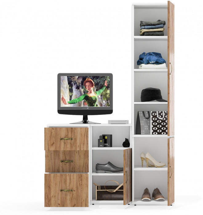 Лидер-8 Пенал МД 22Б + Тумба МД 3.16 + Тумба МД 3.19, цвет белый шагрень/крафт золото, ШхГхВ 120х50х190 см., универсальная сборка