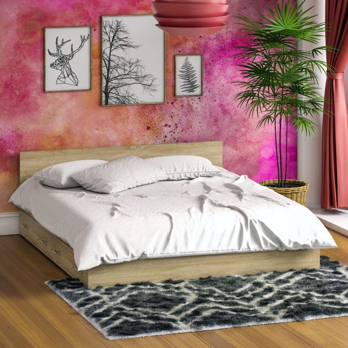 Стандарт Кровать с ящиками 1800, цвет дуб сонома, ШхГхВ 183,5х203,5х70 см., сп.м. 1800х2000 мм., без матраса, основание есть