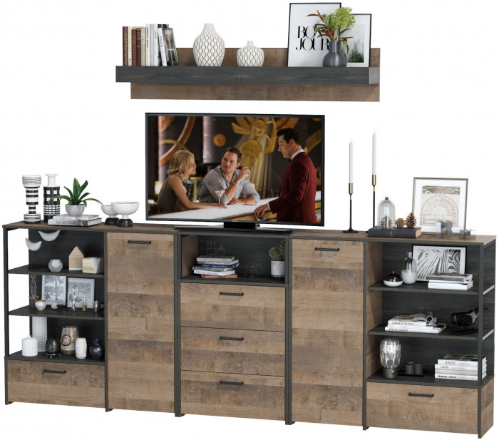 Трувор Гостиная 005, цвет дуб гранж песочный/интра, ШхГхВ 284х37х195 см., универсальная сборка