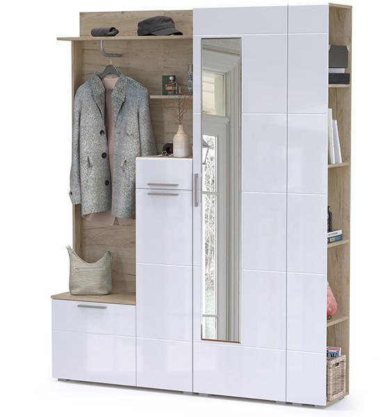 Лайн Прихожая № 08, цвет дуб крафт серый/фасады МДФ белый глянец, ШхГхВ 166,8х35,1х210 см., НЕ универсальная сборка