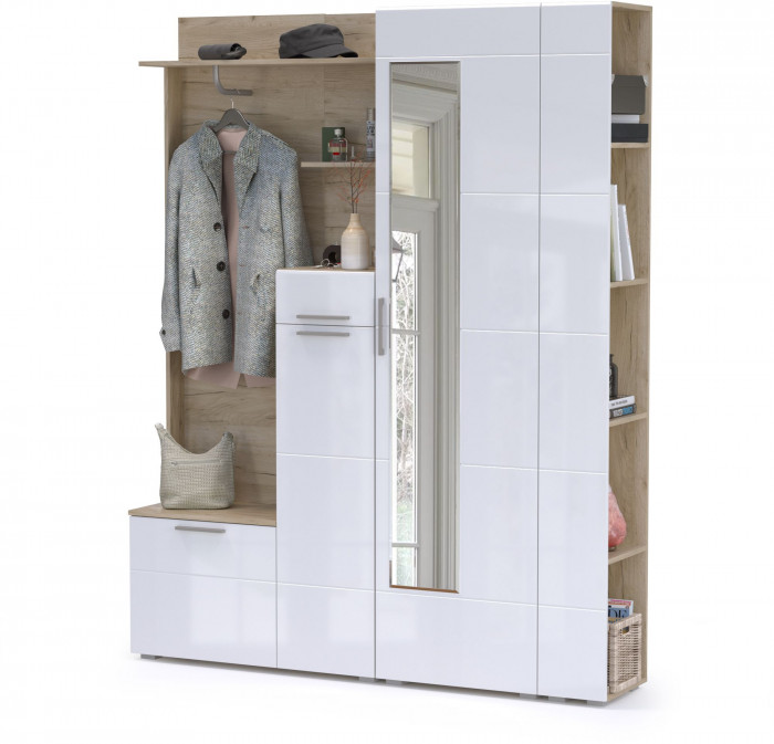 Лайн Прихожая № 08, цвет дуб крафт серый/фасады МДФ белый глянец, ШхГхВ 166,8х35,1х210 см., НЕ универсальная сборка