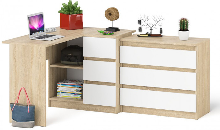 Мори компьютерный стол МС-16 правый + Комод МК800.1, дуб сонома/белый