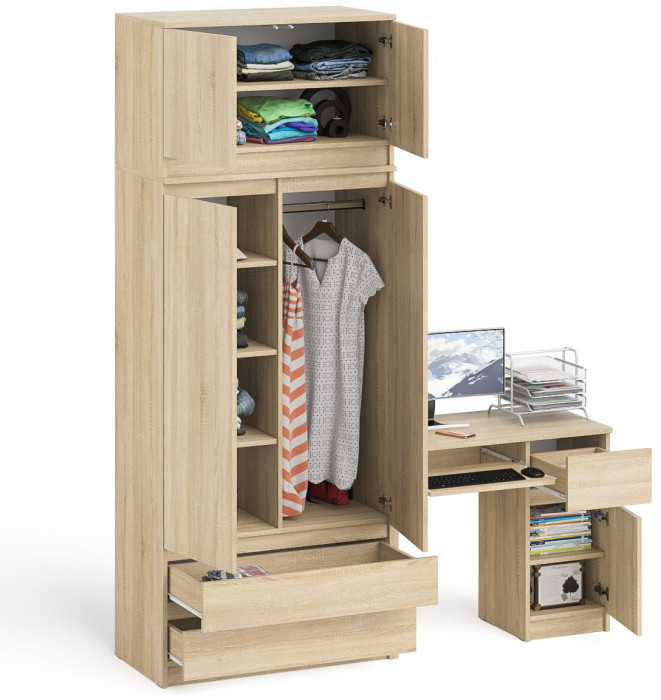 Мори Стол компьютерный МС-1 правый + Шкаф МШ900.1 + Антресоль МА900.1, цвет дуб сонома, ШхГхВ 180,4х50,4х234,2 см., выдвиж. ящик справа, НЕ ун. сб.