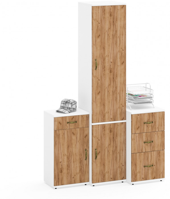 Лидер-8 Пенал МД 21Б + Тумба МД 3.15 + Тумба МД 3.16, цвет белый шагрень/крафт золото, ШхГхВ 120х50х190 см., универсальная сборка