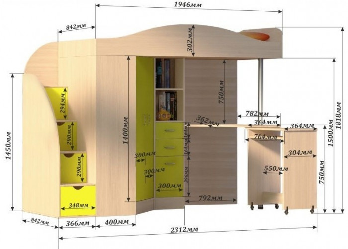 Кровать-чердак Юниор 4 (Винтерберг/Дуб молочный)