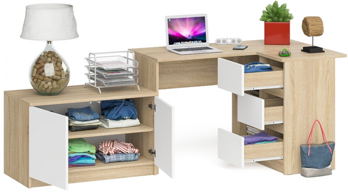 Мори Стол компьютерный МС-16 правый + Тумба МА900.1, цвет дуб сонома/белый, ШхГхВ 214,8х84,9х76,6 см., выдвижные ящики справа, НЕ универс. сборка