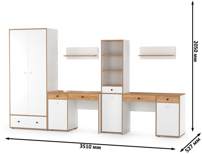 Вуди Компоновка № 30, цвет белый премиум/дуб крафт золотой, ШхГхВ 351х52,7х205 см., универсальная сборка