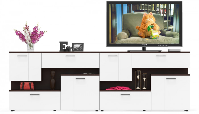 Две тумбы ТВ С-МД-С1-1400, цвет венге/белый шагрень, ШхГхВ 280х30х93 см., НЕ универсальная сборка