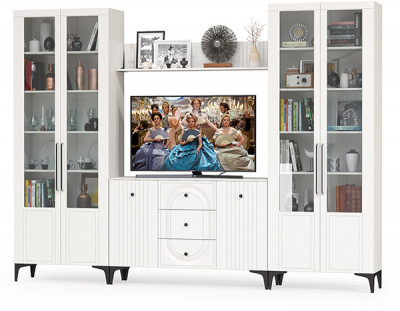 Валенсия Гостиная № 102, цвет ЛДСП белый шагрень/МДФ белый шагрень, ШхГхВ 301,4х38,4х225,2 см., ниша для ТВ 133х38х100 см.