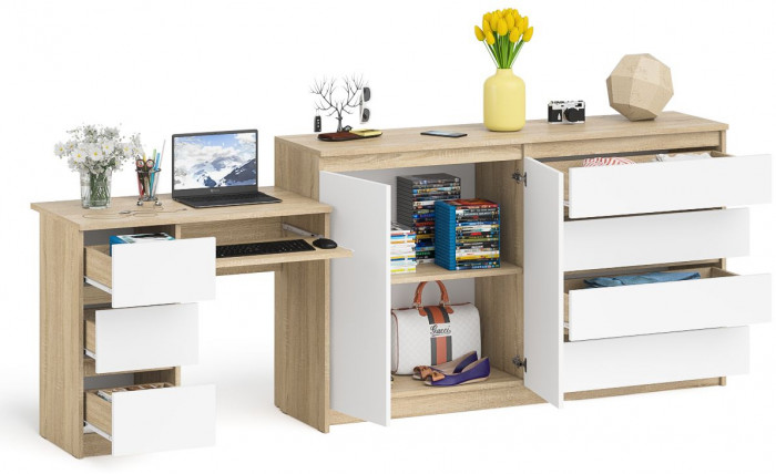 Мори Стол компьютерный МС-6 левый + Комод МК1600.1, цвет дуб сонома/белый, ШхГхВ 250,4х50х94 см., выдвижные ящики слева, НЕ универсальная сборка