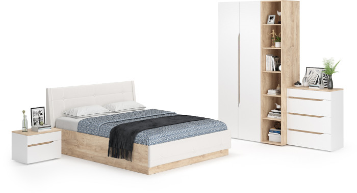 Муссон Спальня № 04, цвет белый/дуб эндгрейн элегантный/искусственная кожа белая, подъёмный ортопед, сп. м. 1600х2000 мм., б/м