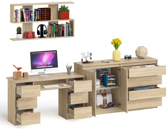 Мори компьютерный стол МС-2 + Комод МК1600.1 + Полка 1200, дуб сонома