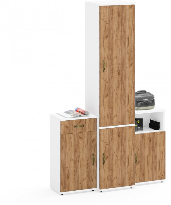 Лидер-8 Пенал МД 21Б + Тумба МД 3.15 + Тумба МД 3.19, цвет белый шагрень/крафт золото, ШхГхВ 120х37,5х190 см., универсальная сборка