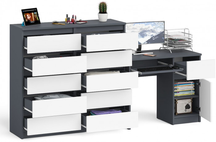 Мори Стол компьютерный МС-1 правый + Комод МК1200.10, цвет графит/белый, ШхГхВ 210,4х50х115 см., выдвижной ящик справа, НЕ универсальная сборка
