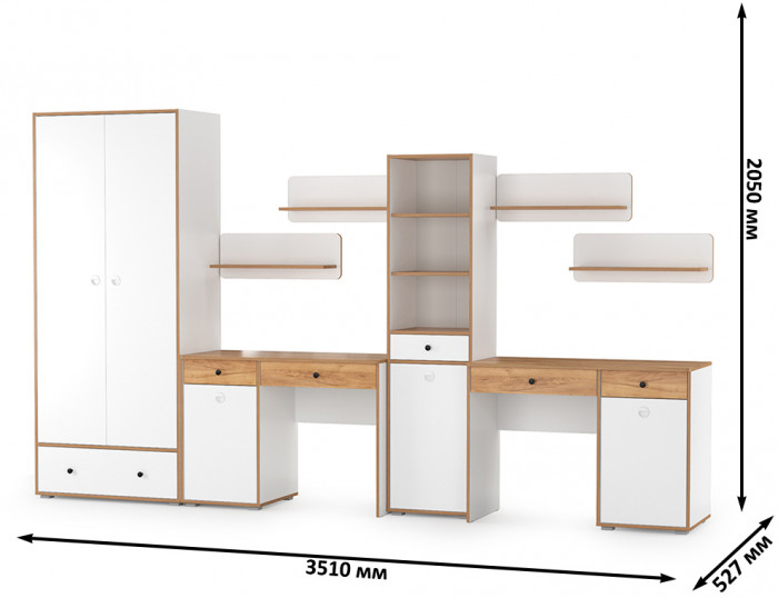 Вуди Компоновка № 31, цвет белый премиум/дуб крафт золотой, ШхГхВ 351х52,7х205 см., универсальная сборка