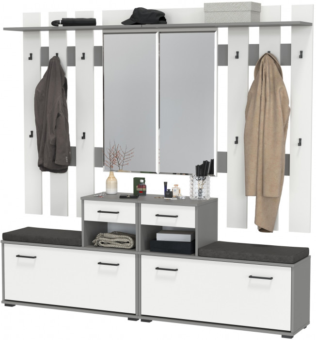 Лира ГК Прихожая 2 Два х Тумба под обувь + Два х Вешалка с зеркалом, графит/белый