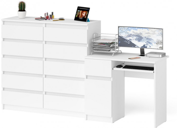 Мори Стол компьютерный МС-1 левый + Комод МК1200.10, цвет белый, ШхГхВ 210,4х50х115 см., выдвижной ящик слева, НЕ универсальная сборка
