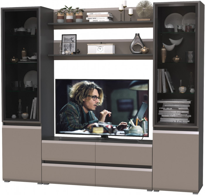 Сидней Комплектация № 068, цвет корпус: антрацит/фасады: МДФ веллюто капучино, ШхГхВ 229,9х41,3х205,2 см., ниша для ТВ 129х41х90 см., универс. сборка