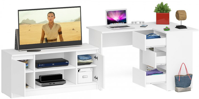 Мори Стол компьютерный МС-16 правый + Тумба МТВ1200.1, цвет белый, ШхГхВ 244,8х84,9х76,6 см., выдвижные ящики справа, НЕ универсальная сборка